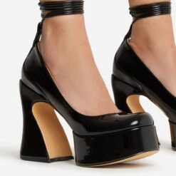 EGO Ahead-Of-The-Curve Lace Up Square Closed Toe Platform Curved Block Heel In Black Patent -EGO shop 22 09 22 fwbags0213 copy