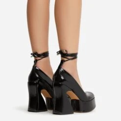 EGO Ahead-Of-The-Curve Lace Up Square Closed Toe Platform Curved Block Heel In Black Patent -EGO shop 22 09 22 fwbags0215 copy