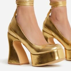 EGO Ahead-Of-The-Curve Lace Up Square Closed Toe Platform Curved Block Heel In Gold Faux Leather -EGO shop 22 09 22 fwbags0218 copy