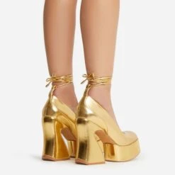 EGO Ahead-Of-The-Curve Lace Up Square Closed Toe Platform Curved Block Heel In Gold Faux Leather -EGO shop 22 09 22 fwbags0220 copy