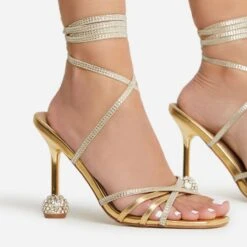 EGO Nightime Lace Up Diamante Detail Statement Heel In Gold Faux Leather -EGO shop 22 09 22 fwbags0249 sq
