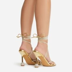 EGO Nightime Lace Up Diamante Detail Statement Heel In Gold Faux Leather -EGO shop 22 09 22 fwbags0251 sq