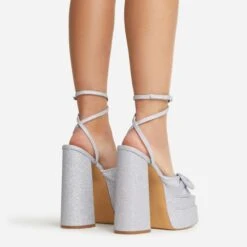 EGO Hot-Sauce Bow Detail Statement Platform Block Heel In Silver Glitter -EGO shop 22 09 22 fwbags0298 copy