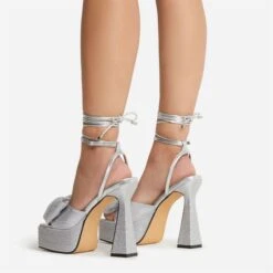 EGO Taste Lace Up Diamante Bow Detail Square Peep Toe Platform Flared Block Heel In Silver Faux Leather -EGO shop 22 09 22 fwbags0315 copy 2
