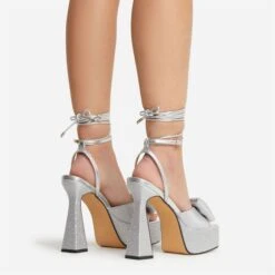 EGO Taste Lace Up Diamante Bow Detail Square Peep Toe Platform Flared Block Heel In Silver Faux Leather -EGO shop 22 09 22 fwbags0316 copy 2