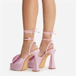EGO Taste Lace Up Diamante Bow Detail Square Peep Toe Platform Flared Block Heel In Pink Faux Leather -EGO shop 22 09 22 fwbags0320 copy 2