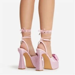 EGO Taste Lace Up Diamante Bow Detail Square Peep Toe Platform Flared Block Heel In Pink Faux Leather -EGO shop 22 09 22 fwbags0321 copy 2