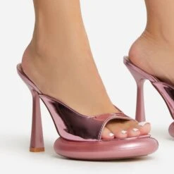 EGO Volvic Peep Toe Statement Platform Stiletto Heel Mule In Pink Metallic Faux Leather -EGO shop 22 09 22 fwbags1937 sq 1