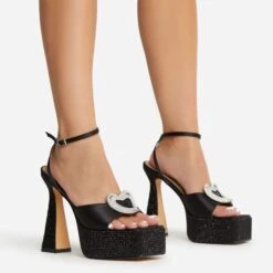 EGO Sparkling Diamante Detail Square Peep Toe Platform Flared Block Heel In Black Satin -EGO shop 22 09 22 fwbags1952 copy