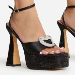 EGO Sparkling Diamante Detail Square Peep Toe Platform Flared Block Heel In Black Satin -EGO shop 22 09 22 fwbags1953 copy