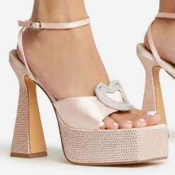 EGO Sparkling Diamante Detail Square Peep Toe Platform Flared Block Heel In Nude Satin -EGO shop 22 09 22 fwbags1961 copy