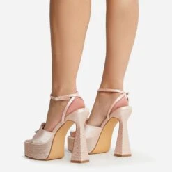 EGO Sparkling Diamante Detail Square Peep Toe Platform Flared Block Heel In Nude Satin -EGO shop 22 09 22 fwbags1962 copy