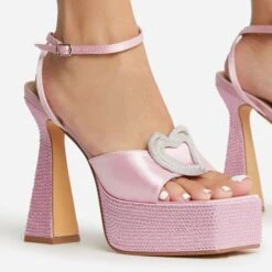 EGO Sparkling Diamante Detail Square Peep Toe Platform Flared Block Heel In Pink Satin -EGO shop 22 09 22 fwbags1965 copy