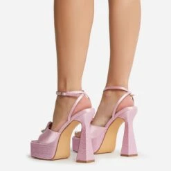 EGO Sparkling Diamante Detail Square Peep Toe Platform Flared Block Heel In Pink Satin -EGO shop 22 09 22 fwbags1966 copy