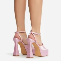 EGO Sparkling Diamante Detail Square Peep Toe Platform Flared Block Heel In Pink Satin -EGO shop 22 09 22 fwbags1967 copy