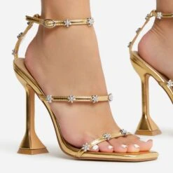 EGO Jocee Diamante Triple Strap Square Toe Statement Heel In Gold Faux Leather -EGO shop 22 09 22 fwbags1969 sq
