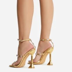 EGO Jocee Diamante Triple Strap Square Toe Statement Heel In Gold Faux Leather -EGO shop 22 09 22 fwbags1970 sq