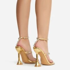 EGO Jocee Diamante Triple Strap Square Toe Statement Heel In Gold Faux Leather -EGO shop 22 09 22 fwbags1971 sq