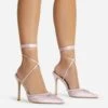 EGO All-Good Lace Up Diamante Detail Pointed Toe Stiletto Heel In Light Pink Satin
