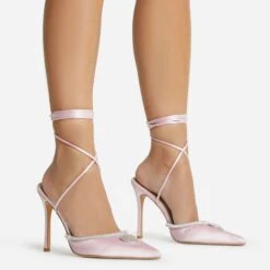 EGO All-Good Lace Up Diamante Detail Pointed Toe Stiletto Heel In Light Pink Satin