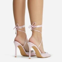 EGO All-Good Lace Up Diamante Detail Pointed Toe Stiletto Heel In Light Pink Satin -EGO shop 2261 blk16209 copy