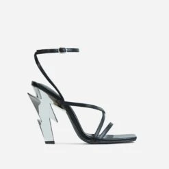 EGO Cadence Strappy Square Toe Metallic Lighting Bolt Statement Heel In Black Faux Leather -EGO shop 2261 blk17877