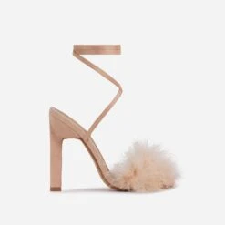 EGO Aubrie Fluffy Faux Feather Lace Up Square Toe Sculptured Heel In Nude Faux Suede -EGO shop 25 05 210750
