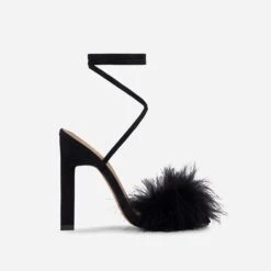 EGO Aubrie Fluffy Faux Feather Lace Up Square Toe Sculptured Heel In Black Faux Suede -EGO shop 25 05 210751