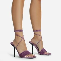 EGO Tribute-To Lace Up Open Square Toe Stiletto Heel In Lilac Velvet