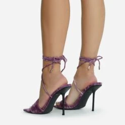 EGO Tribute-To Lace Up Open Square Toe Stiletto Heel In Lilac Velvet -EGO shop 28 10 22 fw23726 sq