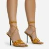 EGO Tribute-To Lace Up Open Square Toe Stiletto Heel In Mustard Velvet