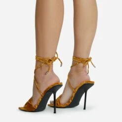 EGO Tribute-To Lace Up Open Square Toe Stiletto Heel In Mustard Velvet -EGO shop 28 10 22 fw23731 sq