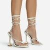 EGO Isla Lace Up Iridescent Star Detail Square Toe Statement Heel In White Faux Leather -EGO shop 28 10 22 fw23761 sq