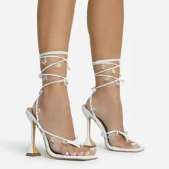 EGO Isla Lace Up Iridescent Star Detail Square Toe Statement Heel In White Faux Leather