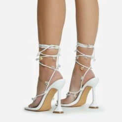 EGO Isla Lace Up Iridescent Star Detail Square Toe Statement Heel In White Faux Leather -EGO shop 28 10 22 fw23764 sq