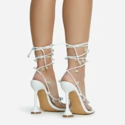 EGO Isla Lace Up Iridescent Star Detail Square Toe Statement Heel In White Faux Leather -EGO shop 28 10 22 fw23765 sq