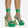 EGO Driving-Me-Crazy Lace Up Bow Detail Platform Metallic Flared Block Heel In Green Faux Leather
