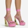 EGO Driving-Me-Crazy Lace Up Bow Detail Platform Metallic Flared Block Heel In Pink Faux Leather -EGO shop 28 10 22 fw23771 sq