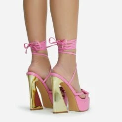 EGO Driving-Me-Crazy Lace Up Bow Detail Platform Metallic Flared Block Heel In Pink Faux Leather -EGO shop 28 10 22 fw23775 sq