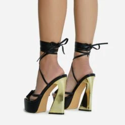 EGO Driving-Me-Crazy Lace Up Bow Detail Platform Metallic Flared Block Heel In Black Faux Leather -EGO shop 28 10 22 fw23779 sq
