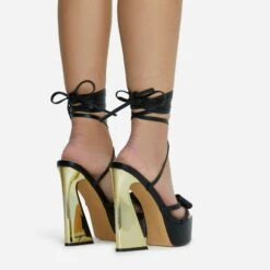 EGO Driving-Me-Crazy Lace Up Bow Detail Platform Metallic Flared Block Heel In Black Faux Leather -EGO shop 28 10 22 fw23780 sq