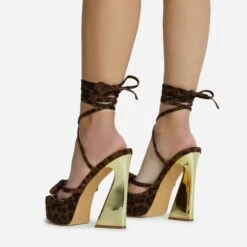 EGO Driving-Me-Crazy Lace Up Bow Detail Platform Metallic Flared Block Heel In Leopard Print Faux Suede -EGO shop 28 10 22 fw23784 sq