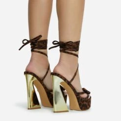 EGO Driving-Me-Crazy Lace Up Bow Detail Platform Metallic Flared Block Heel In Leopard Print Faux Suede -EGO shop 28 10 22 fw23785 sq