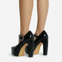 EGO Roundabout Buckle Detail Closed Square Toe Platform Curved Block Heel In Black Croc Print Faux Leather -EGO shop 28 10 22 fw23851 sq