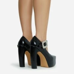 EGO Roundabout Buckle Detail Closed Square Toe Platform Curved Block Heel In Black Croc Print Faux Leather -EGO shop 28 10 22 fw23852 sq