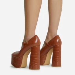 EGO Up-In-The-Air Closed Square Toe Statement Platform Block Heel In Tan Brown Croc Print Faux Leather -EGO shop 28 10 22 fw23861 sq