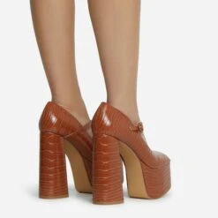 EGO Up-In-The-Air Closed Square Toe Statement Platform Block Heel In Tan Brown Croc Print Faux Leather -EGO shop 28 10 22 fw23862 sq