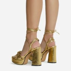 EGO Pink-Lady Lace Up Knotted Strap Detail Platform Block Heel In Gold Faux Leather -EGO shop 28 10 22 fw23881 sq