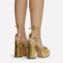 EGO Pink-Lady Lace Up Knotted Strap Detail Platform Block Heel In Gold Faux Leather -EGO shop 28 10 22 fw23882 sq