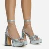 EGO Pink-Lady Lace Up Knotted Strap Detail Platform Block Heel In Silver Faux Leather